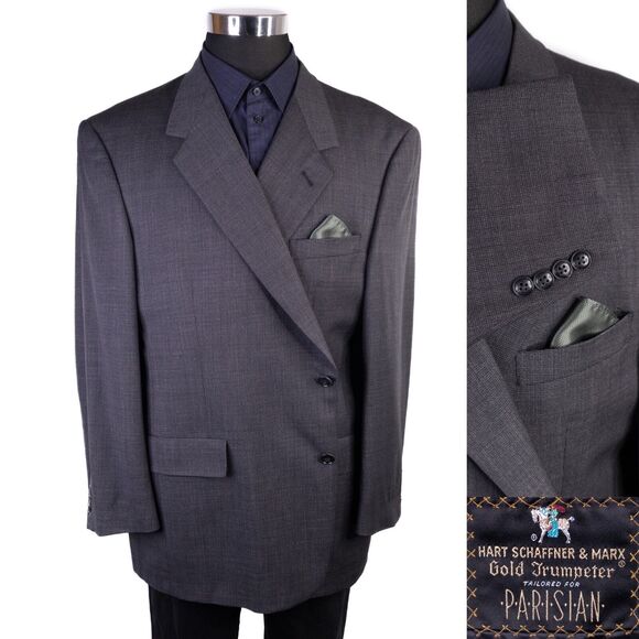 HART SCHAFFNER & MARX GOLD TRUMPETER Gray Wool 2 Button Sport Coat Jacket Sz 48R - Picture 1 of 13